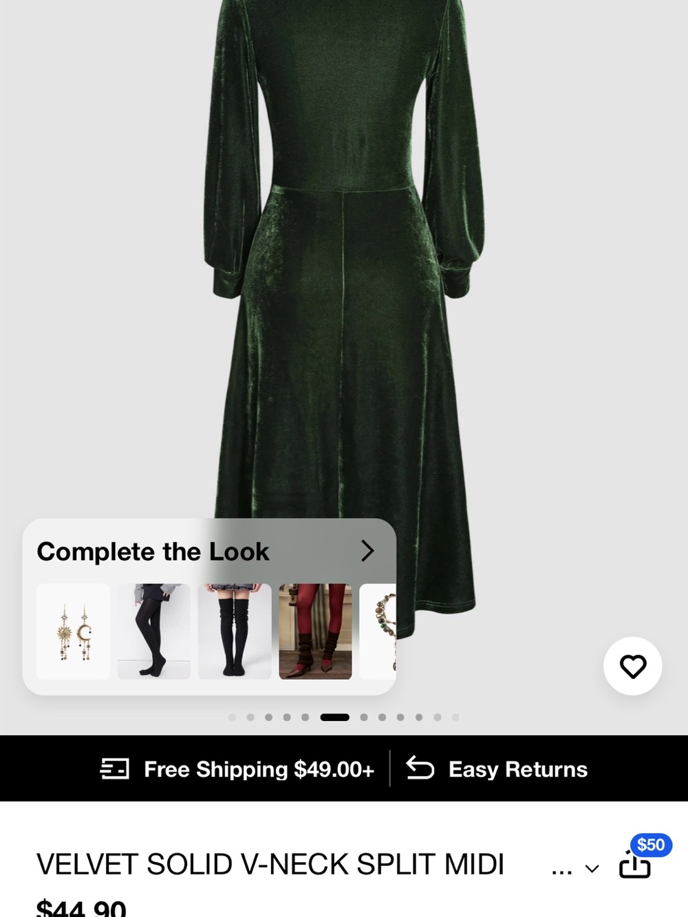 Cider Dark Green Velvet Long Sleeve Midi Dress - Picture 2 of 7